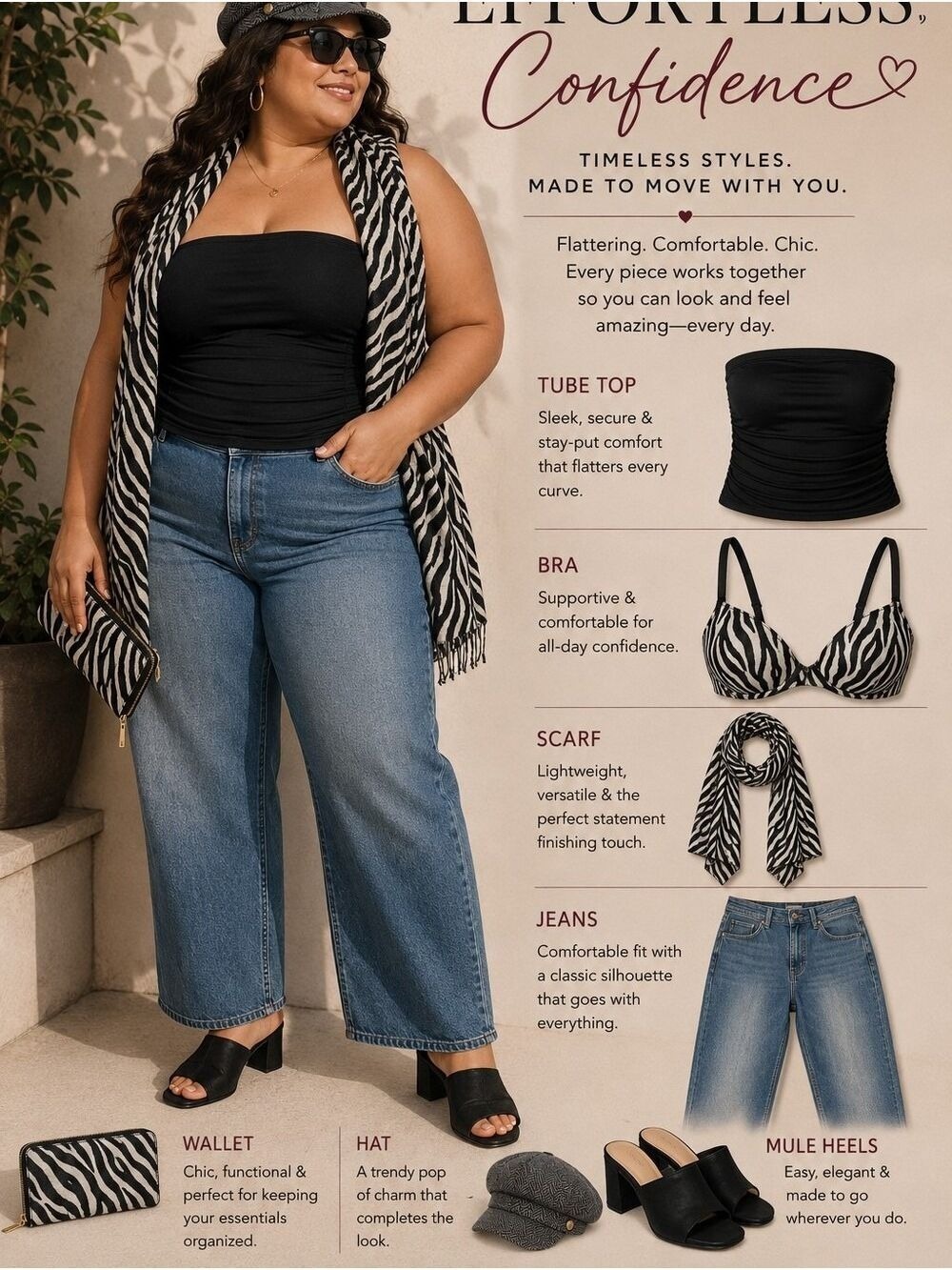 Shop The Look: Lane Bryant Black Tube Top w Zebra Scarf & Wallet, Shoes, & Jeans